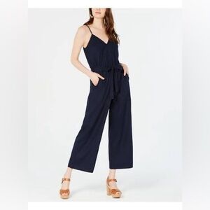 Monteau Linen Blend Sleeveless Jumpsuit Navy Blue Belted Wide Leg Crop L